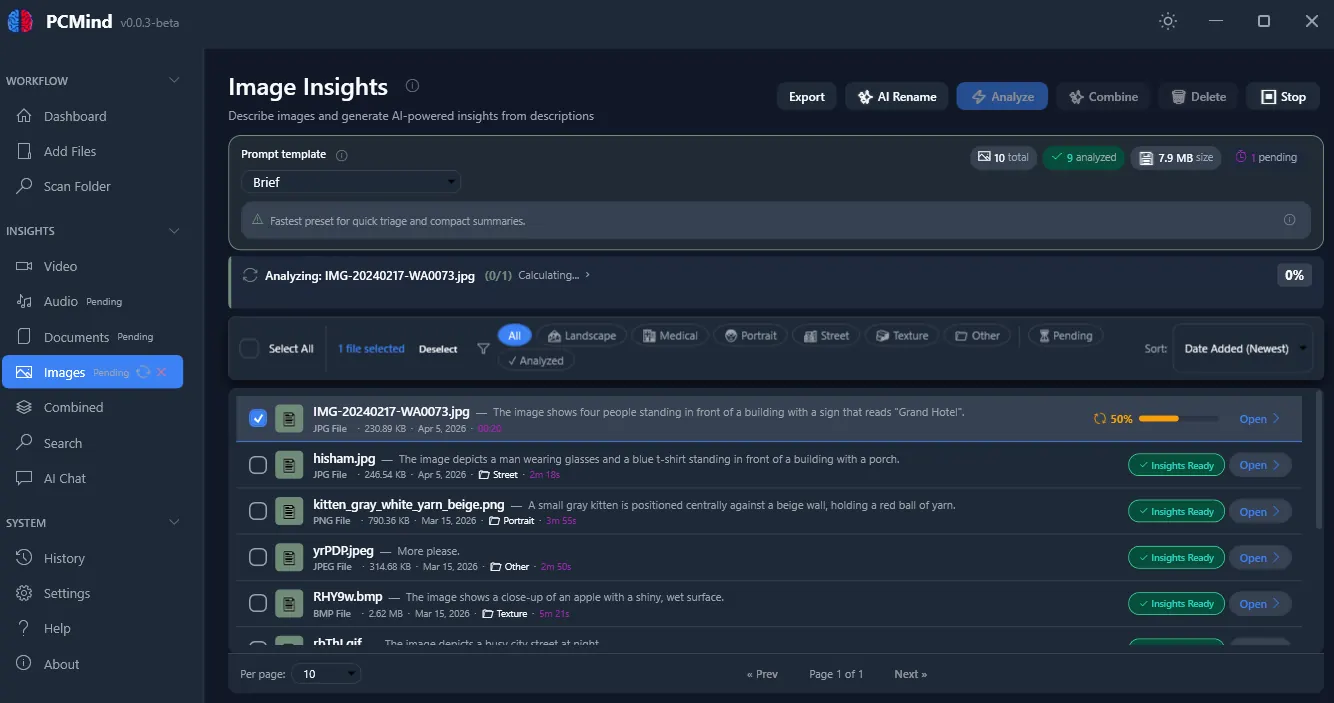 PCMind image insights page showing image results, filters, and analyze controls.
