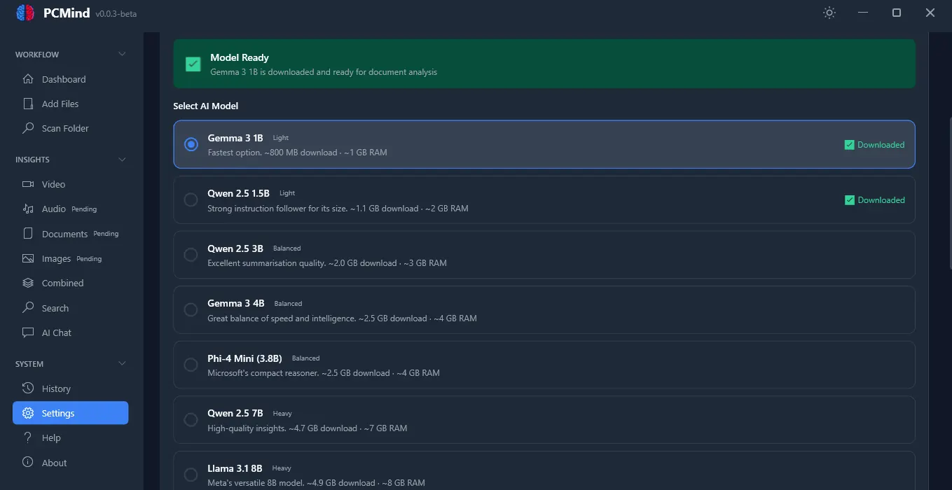 PCMind settings page showing selectable local AI model options.